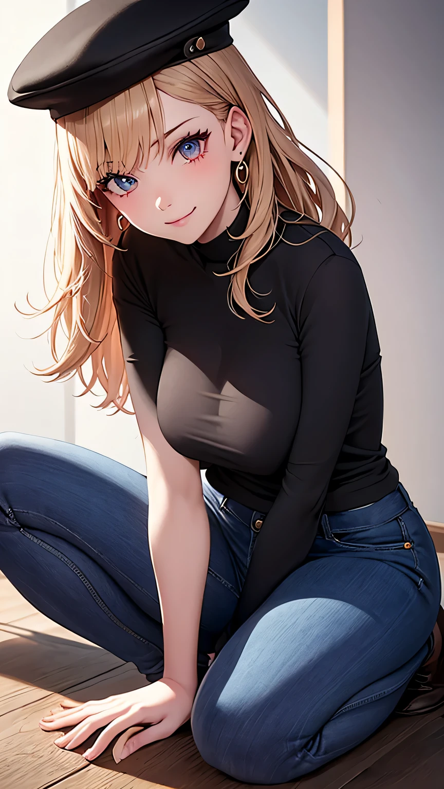 (best quality:1.5, highres, UHD, 4K, detailed lighting, shaders), white wavy hair, gradient hair, large breasts, black shirt, skirt jeans, mature woman , black Witcher hat, (pov), white background, colorful red eyeshadow, dramatic lighting, smile eyepression, golden earrings, flowing hair, delicate facial features, soft skin, high cheekbones, white background, stand up, lean forward, full body