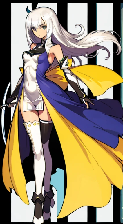 (((Best Quality))) , ((full body)), female, character design, solo, ( white background:1.3), holding staff, gauntlets, thigh high, side slit trench skirt, (blue or green or violet or brown or white outfit), colorful outfit, bare arms, bareback, Bust Bodice, bare waist, standing, casual dress,