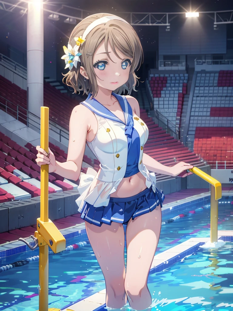 (((pixel perfect, Detail Perfect))), alone, 1 girl, Watanabe, bow, looking at the viewer，Happy atmosphere，barefoot、white competitive swimsuit、wet texture、beautiful big breasts、stadio、pool、Audience seats、standing in water、Soak up to the chest、poolサイドに座り