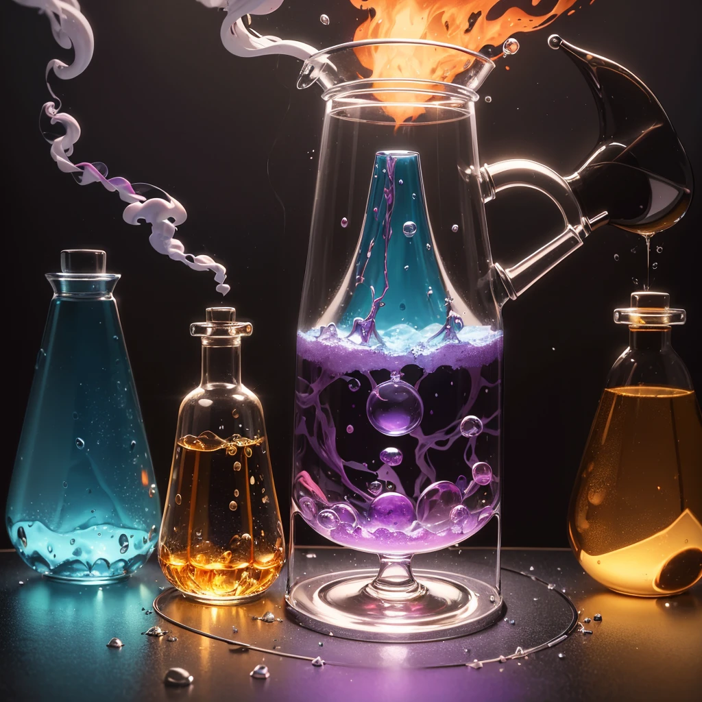 aboratory,glass flask,frontview,dirty table,sience,experimental setup,blue,pink,green,purple,red,orange,bubbling smoking round boiling flask,absurdres,high res,ultrasharp,8K,Masterpiece