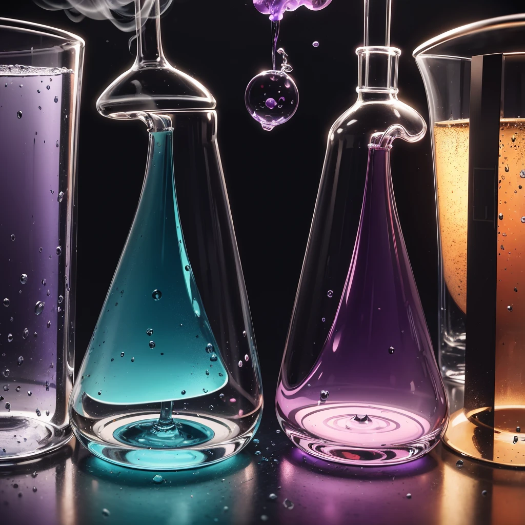 aboratory,glass flask,frontview,dirty table,sience,experimental setup,blue,pink,green,purple,red,orange,bubbling smoking round boiling flask,absurdres,high res,ultrasharp,8K,Masterpiece