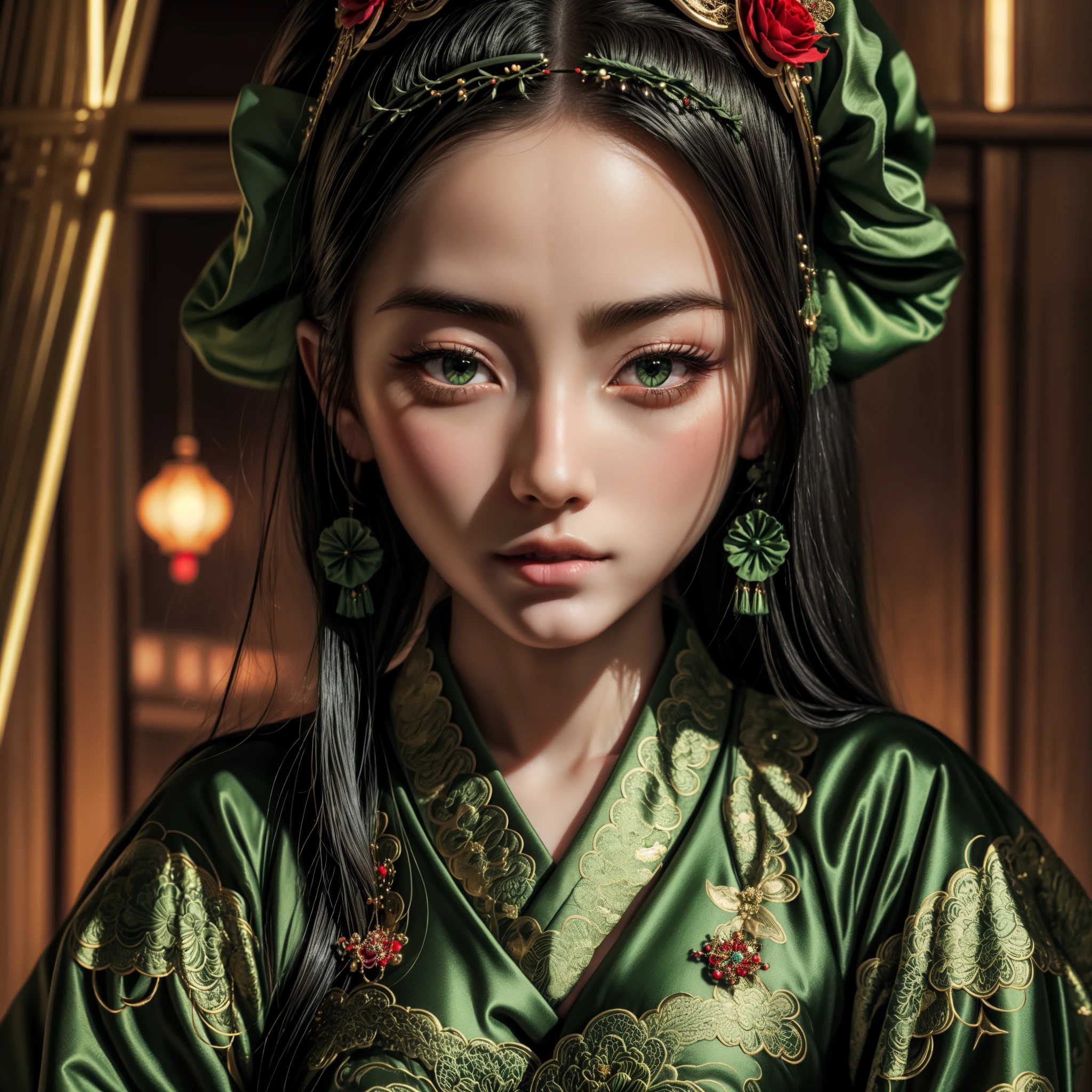 masterpiece, a beautiful, hot, horny, sexy young japanese gothic geisha, beautiful long black hair, beautiful (green) eyes, beautiful lips, pale silky skin (well made up), wearing buns in her hair, wearing a stylized green hat, wearing a beautiful stylized kimono with two red flowers both sides, and in the background golden gates, beautiful hyperrealistic gothic geisha of all ages, photorealistic new age geisha, priestess geisha of the beauty of intricate details.