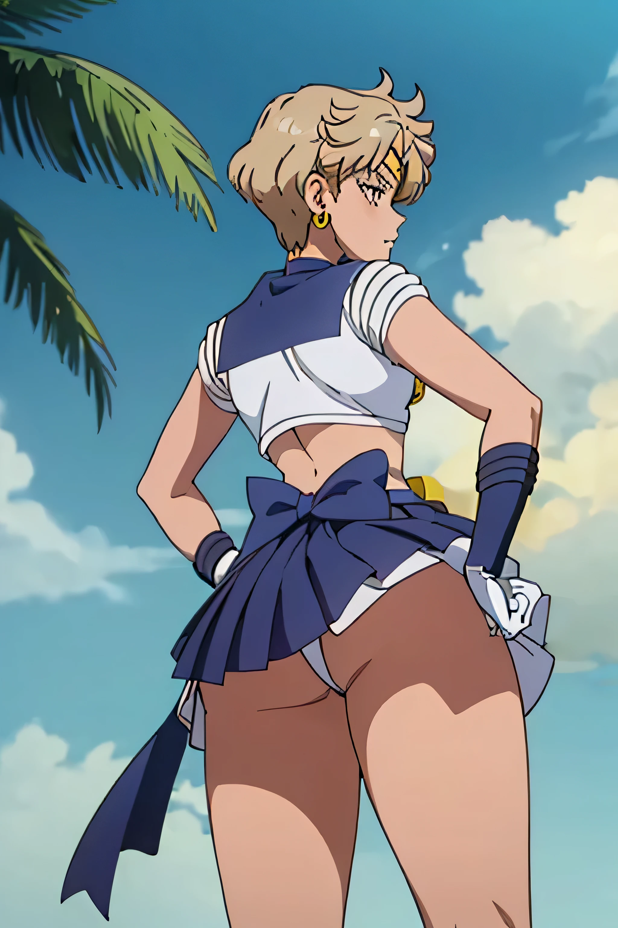 (best quality:1.1), (masterpiece:1.4), (absurdres:1.0), portrait, close-up,1girl, sailor uranus, KizukiAi, mature woman, small breasts, aqua eyes, blonde hair, sailor senshi uniform, sailor collar, chest bow, back bow, plead skirt, white elbow gloves, big booty, ultra mini skirt , jewelry, earrings,, in back pose, show her booty, backwards, no thong big booty, ultra mini skirt ( BACK POSE, BACKWARD, SHOW HER BOOTY) (BACK POSE) CAMERA DOWN TO UP CLOSE UP BOOTY ( POINT OF VIEW DOWN TO UP) UPSKIRT