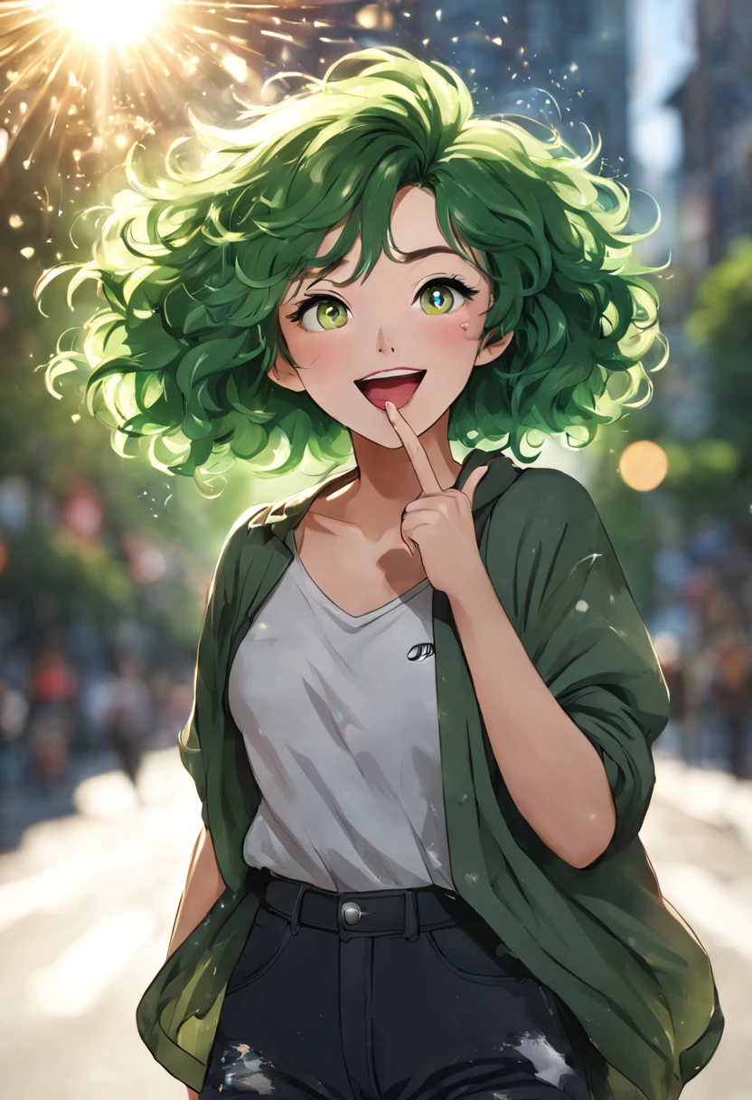 (masutepiece, Highest Quality), Portrait, green curly hair:1.35,very curly hair,colored inner hair , very short hair , beautiful girl, upper body, (Laughter:1.1), (open your mouth:1.1), fashionable attire,oversized clothes,glare of sunlight, Bokeh, Depth of the bounds written, blurred background, light particles, strong wind, (Heart particles:1.1),Raise your arms and make a peace sign with your hands next to your eyes