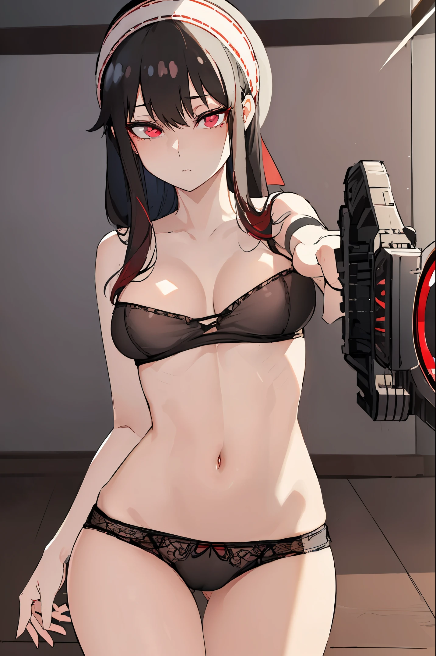 Yobriya Ratatata, briar rose tartare, Bangs, side lock, Headband, (red eyes:1.5), black hair,
rest cleavage, bare shoulders, underwear,underwear only, underwear,
rest indoors, floor,
rest looking at viewer, (cowboy shooting:1.5),
rest (masterpiece:1.2), best quality, high resolution, unified 8k wallpaper, (illustration:0.8), (Beautiful and delicate eyes:1.6), extremely detailed face, perfect lighting, Very detailed cg, (perfect hands, perfect anatomy),Buttocks close up,big asack view