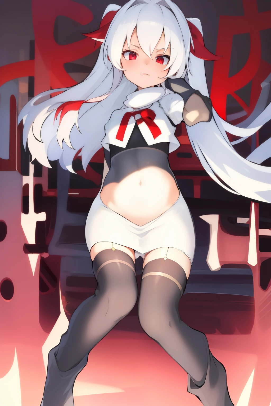 masterpiece:1.2,best quality:1.2, incredibly absurdres, absurdres, highres, wallpaper, colorful, anime,
1girl, solo, vampire \(azur lane\), petite, white hair, long hair, red hair ribbons,twintails, red eyes, adapted turret, team rocket,team rocket uniform,white skirt,red letter R,crop top,black thigh-highs,black elbow gloves