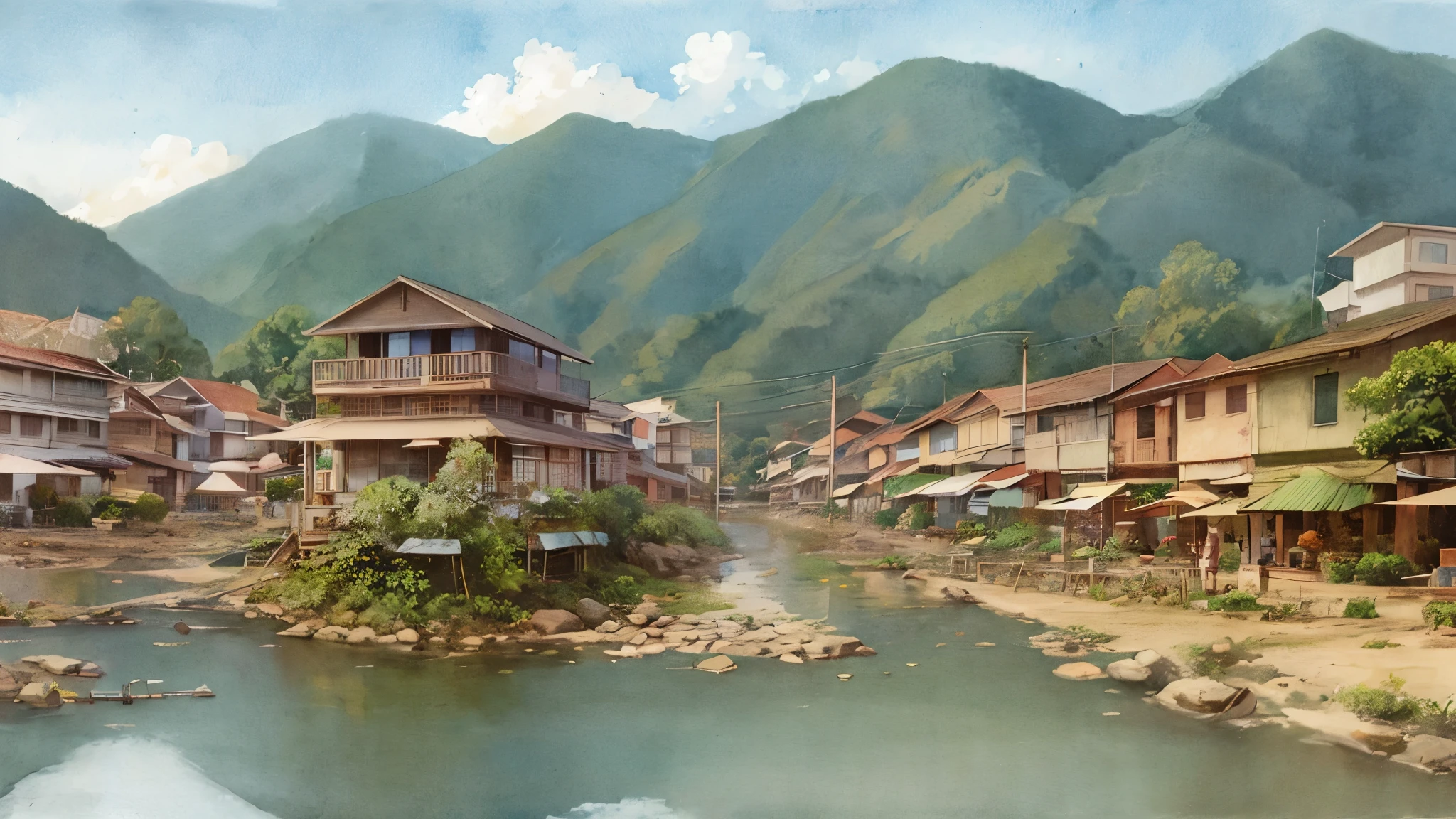 Delicate watercolour illustration of a cozy smalltown in vietnam, cozy, beautiful composition, summer afternoon colour scheme, sharp details, intricate details