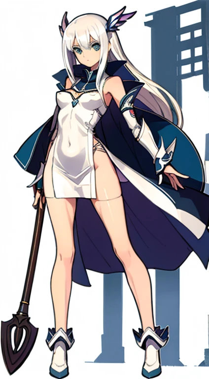 (((Best Quality))) , ((full body)), female, character design, solo, ( white background:1.3), holding staff, gauntlets, thigh high, side slit trench skirt, (blue or green or violet or brown or white outfit), colorful outfit, bare arms, bareback, Bust Bodice, bare waist, standing, casual dress, bikini,