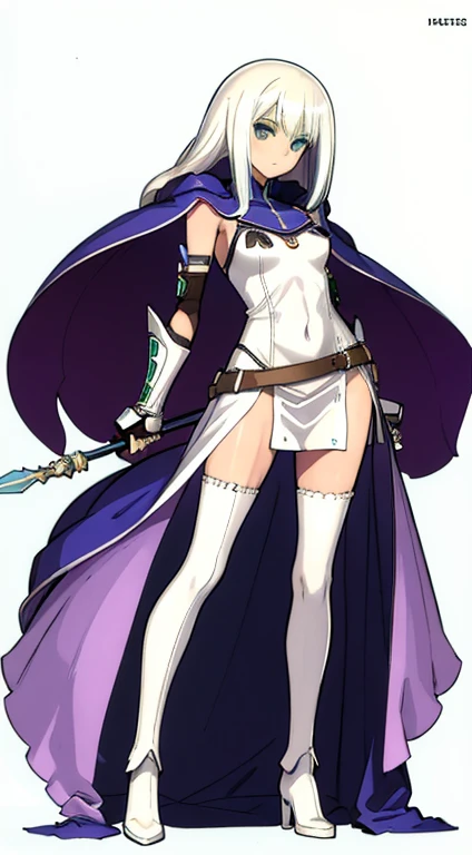 (((Best Quality))) , ((full body)), female, character design, solo, ( white background:1.3), holding staff, gauntlets, thigh high, side slit trench skirt, (blue or green or violet or brown or white outfit), colorful outfit, bare arms, bareback, Bust Bodice, bare waist, standing, casual dress, bikini,