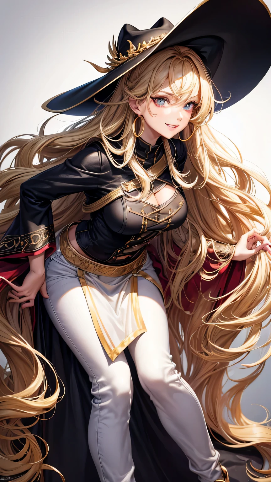 (best quality:1.5, highres, UHD, 4K, detailed lighting, shaders), gold wavy hair, gradient hair, large breasts, black shirt, skirt jeans, mature woman , red Witcher hat, (pov), white background, colorful red eyeshadow, dramatic lighting, smile eyepression, golden earrings, flowing hair, delicate facial features, soft skin, high cheekbones, white background, stand up, lean forward, full body