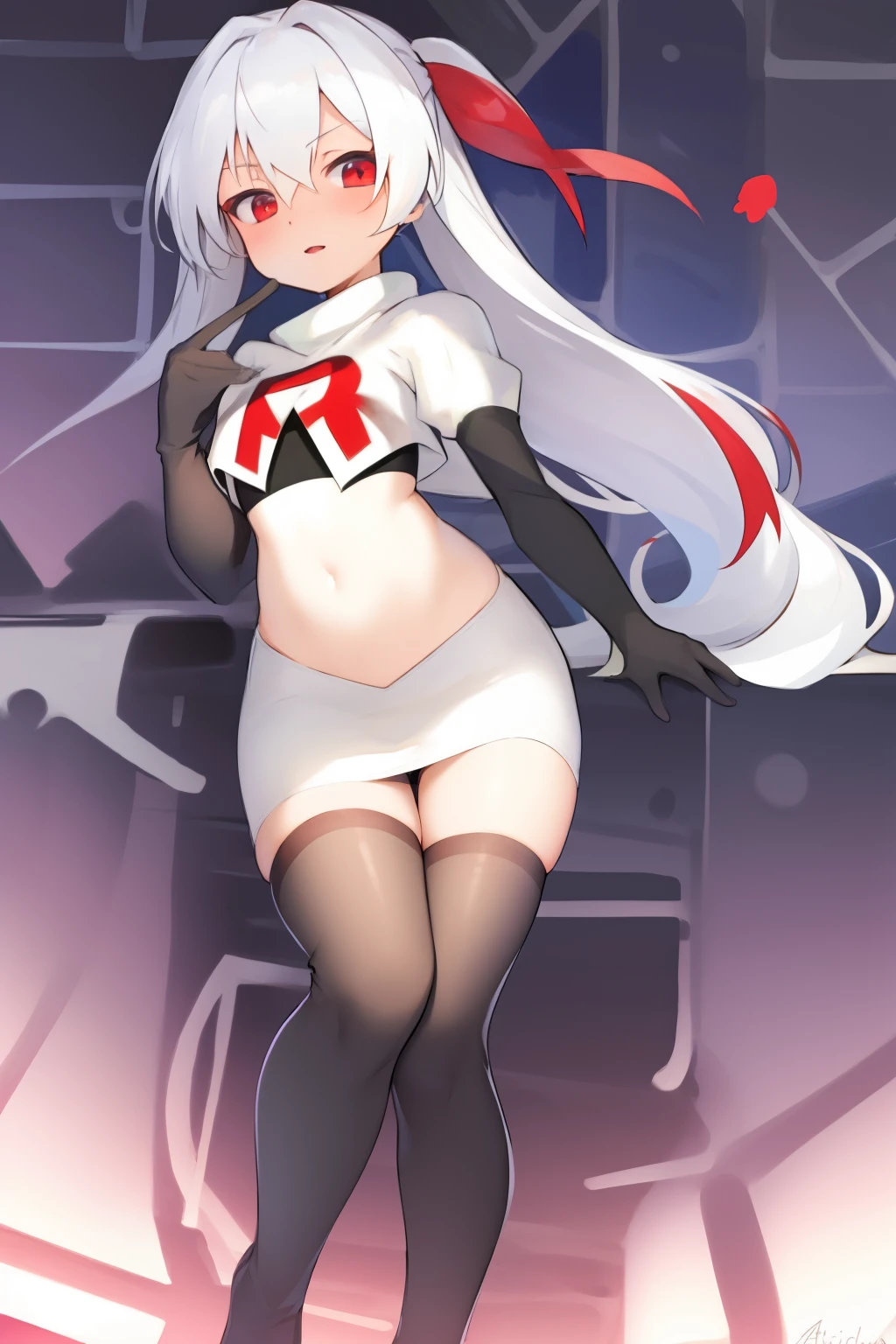 masterpiece:1.2,best quality:1.2, absurdres, highres, wallpaper, colorful, anime,
1girl, solo, vampire \(azur lane\), petite, white hair, long hair, red hair ribbons,twintails, red eyes, adapted turret, team rocket,team rocket uniform,white skirt,red letter R,crop top,black thigh-highs,black elbow gloves