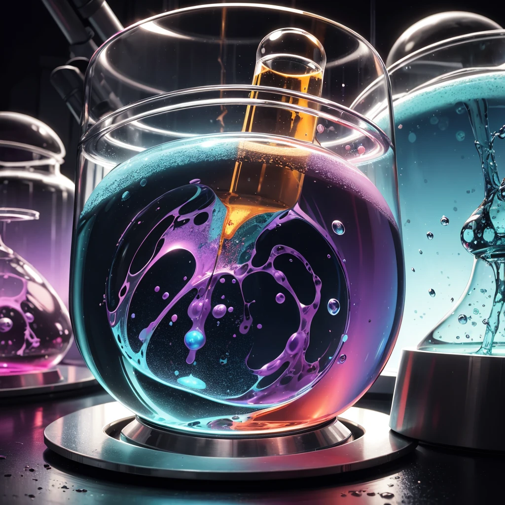 scifi,laboratory,glass flask,frontview,dirty table,sience,experimental setup,blue,pink,green,purple,red,orange,bubbling smoking round boiling flask,absurdres,high res,ultrasharp,8K,Masterpiece