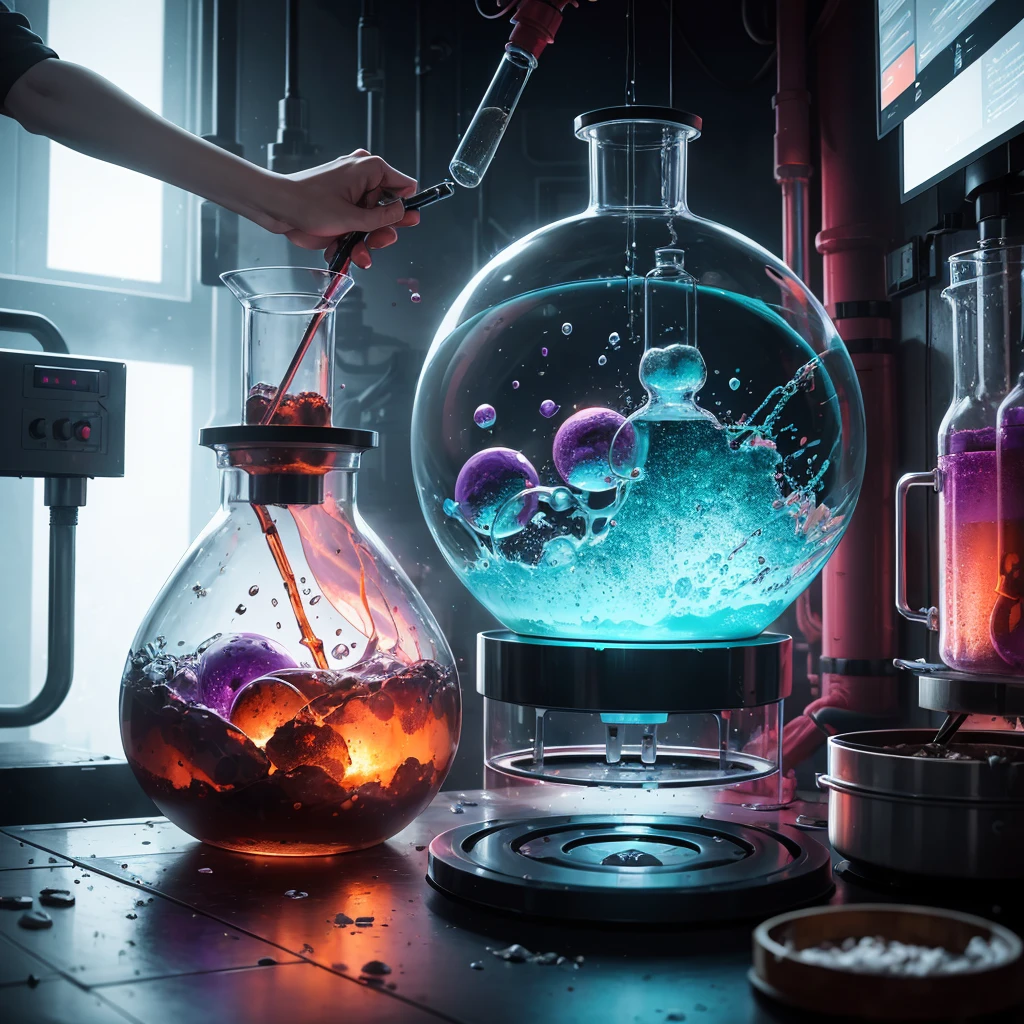scifi,laboratory,glass flask,frontview,dirty table,sience,experimental setup,blue,pink,green,purple,red,orange,bubbling smoking round boiling flask,absurdres,high res,ultrasharp,8K,Masterpiece