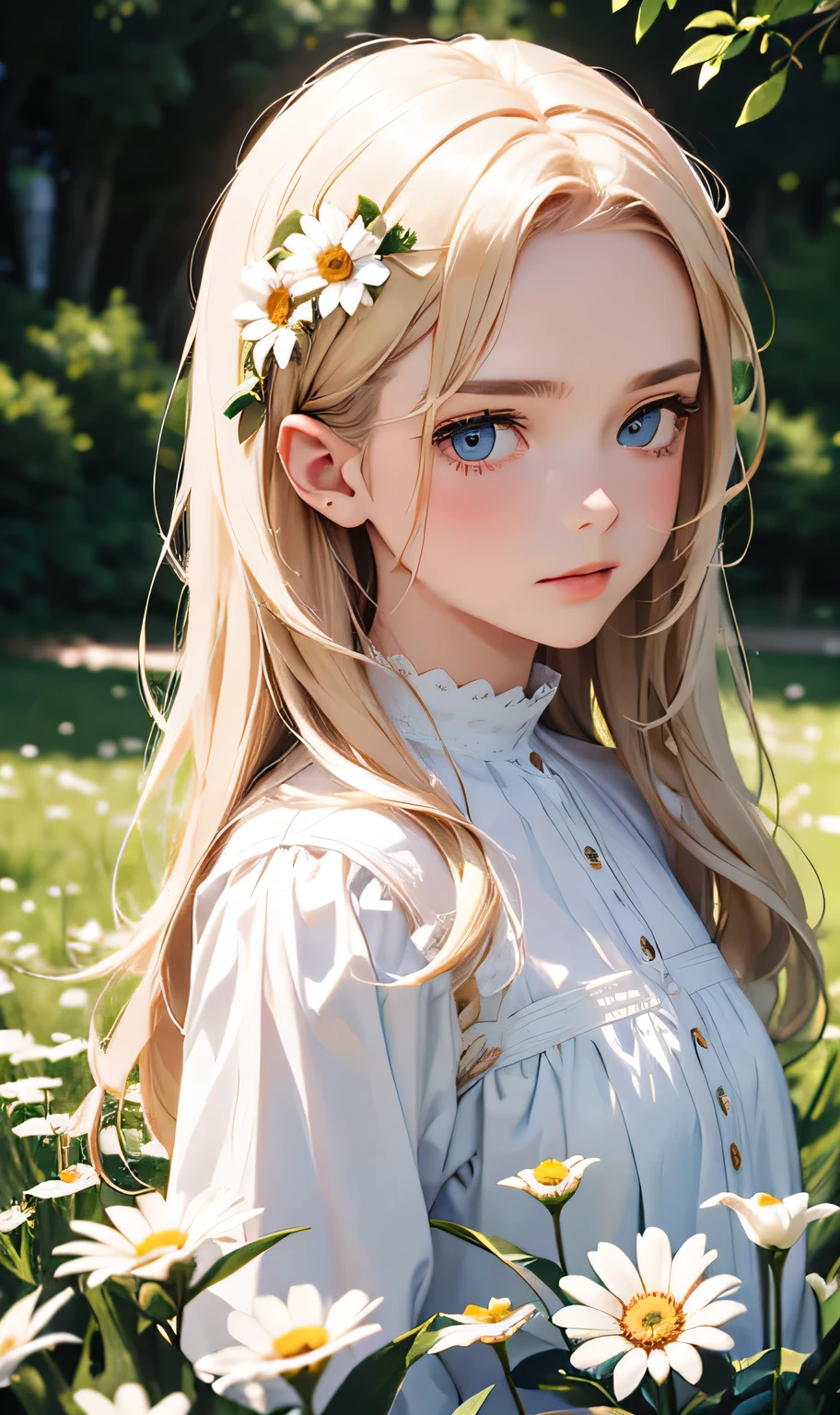 1girl,in a field of flowers,white flower,looking at viewer,blue eyes,blonde hair,daisy,long hair,pure white dress,