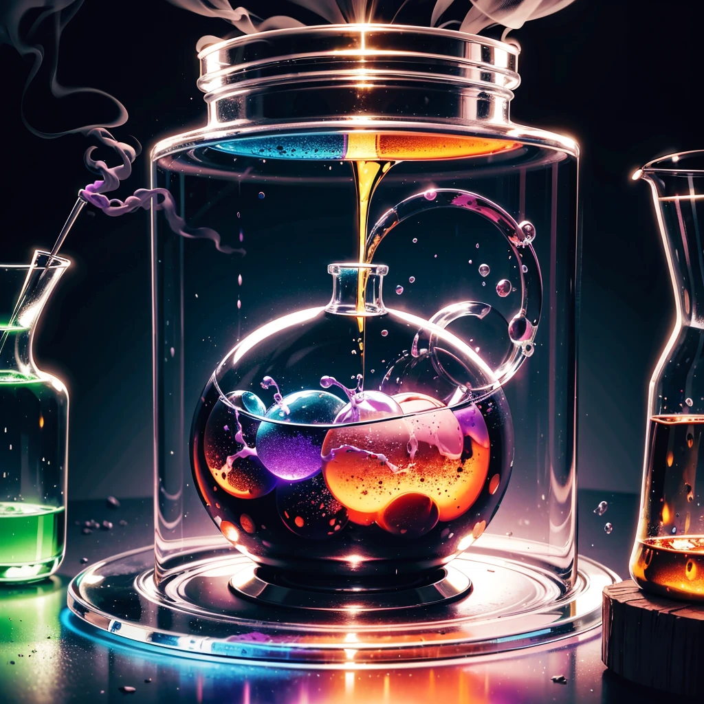 scifi,laboratory,glass flask,frontview,dirty table,sience,experimental setup,blue,pink,green,purple,red,orange,bubbling smoking round boiling flask,absurdres,high res,ultrasharp,8K,Masterpiece