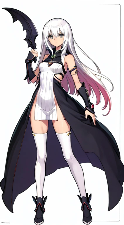 (((Best Quality))) , ((full body)), female, character design, solo, ( white background:1.3), holding staff, gauntlets, thigh high, side slit trench skirt, summer outfit, colorful outfit, bare arms, bareback, Bust Bodice, bare waist, standing, casual dress, bikini,