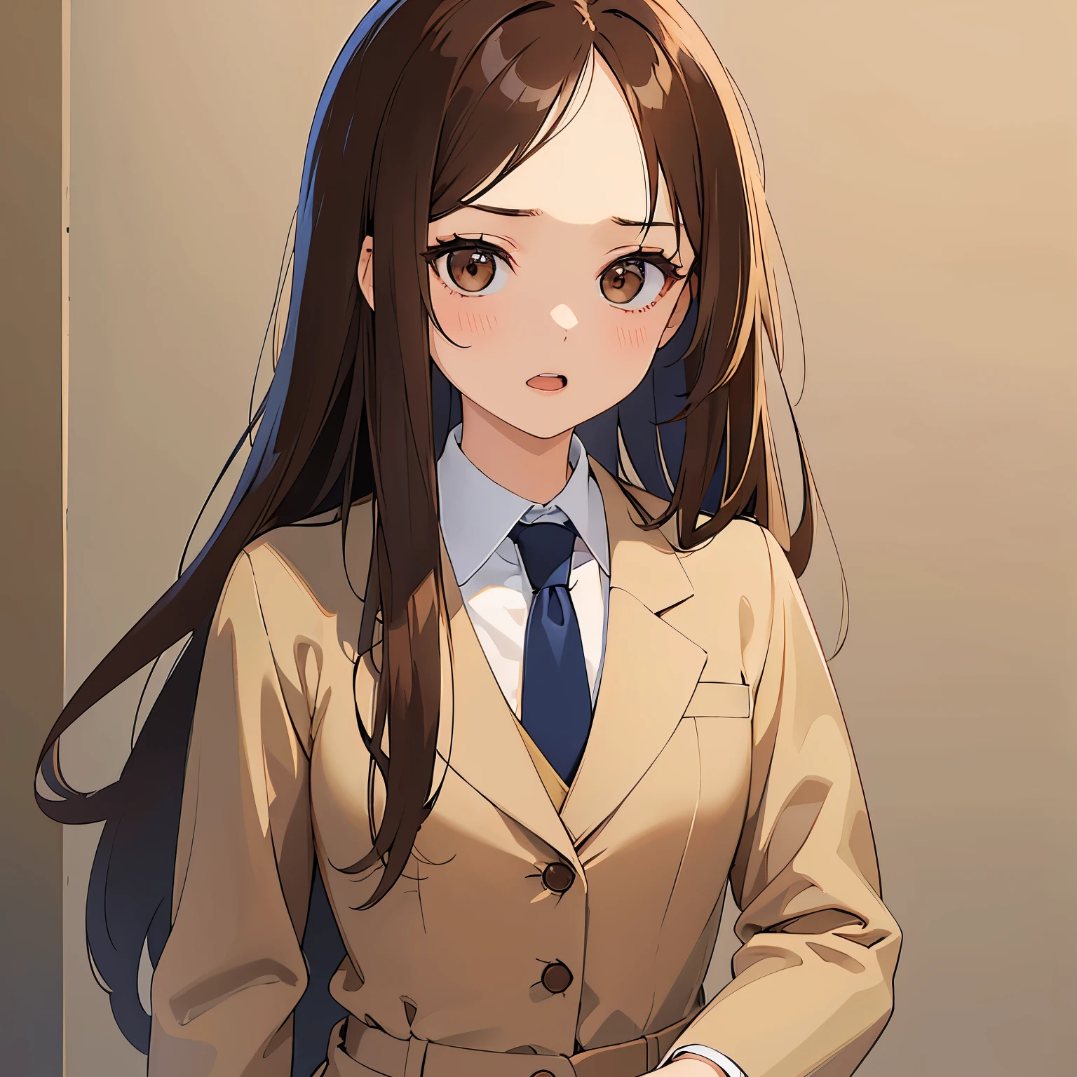 masterpiece、highest quality、 forehead, A 25-year-old woman with medium long hair and brown eyes with bright chestnut bangs.、wearing a beige suit、wearing beige pants、Wearing a blue tie、serious expression、open mouth, Are standing、The background is an office、bold composition、Upper body is shown、Alone、Close-up of your face