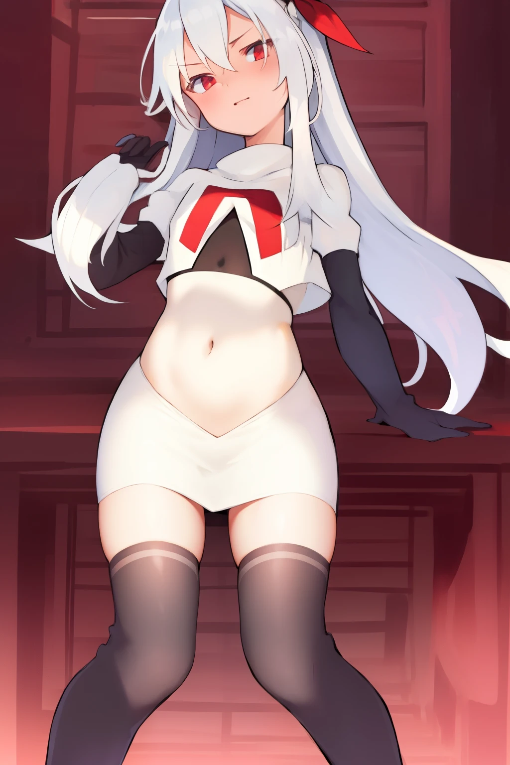 masterpiece:1.2,best quality:1.2, absurdres, highres, wallpaper, colorful, anime,
1girl, solo, vampire \(azur lane\), petite, white hair, long hair, red hair ribbons,twintails, red eyes, adapted turret, team rocket,team rocket uniform,white skirt,red letter R,crop top,black thigh-highs,black elbow gloves