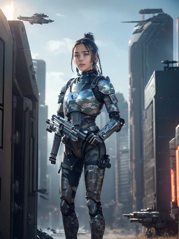extremely detailed CG unity 16K wallpaper, (raw photography, cyberpunk:1.3), science fiction, (photorealistic, highest quality, masterpiece:1.2), (correct anatomy:1.5), POV, (from front:1.4), (from below:1.1), dynamic angle, 1 girl, ((female soldier with mechanize body:1.4)), solo, ((full body shot:1.2)), black hair, ponytail, fairly detailed skin, tan, realistic and bright eyes, highly detailed nose and lips, expressionless, ((camouflaged-body armor, equipped with jet pack:1.5)), (((flying, holding 1 large blaster rifle:1.3))), slender, medium breast, (((outdoor, daytime, futuristic city, battlefield, shootout:1.5))), cinematic lighting, professional photo, depth of field, sharp focus, highest resolution, ultra high res