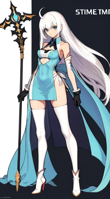 (((Best Quality))) , ((full body)), female, character design, solo, ( white background:1.3), holding staff, gloves, thigh high, side slit trench skirt, summer outfit, colorful outfit, bare arms, bareback, Bust Bodice, bare waist, standing, casual dress, bikini,