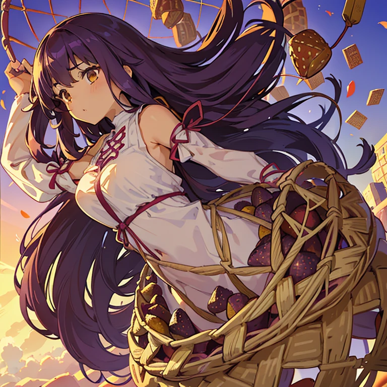 A girl with long afro hair flying low in the air covered in boiling large strawberry cake armor serving a large purple potato jam、amazing dynamism、amazing angle、unstable buoyancy sandstorm、((Lots of friendly oversized dried fruit cubes to chase in a floating latticework))))()((Surround each other'large lattice straw))circular lattice straw