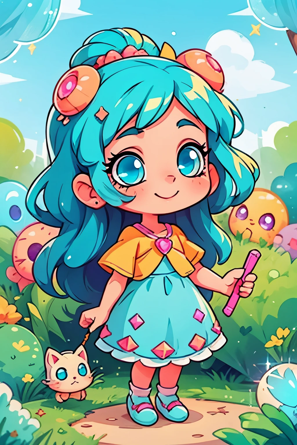 girl、Clean hair ornament, Cute surreal body bien、(detailed eyes, jewel-like eyes, sparkling eyes:1.3) , A smile, The blue and wide sky、Cute shoes
