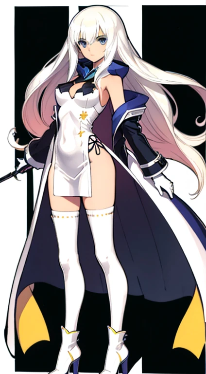 (((Best Quality))) , ((full body)), female, character design, solo, ( white background:1.3), holding staff, gloves, thigh high, side slit trench skirt, summer outfit, colorful outfit, bare arms, bareback, Bust Bodice, bare waist, standing, casual dress, bikini, coatless,