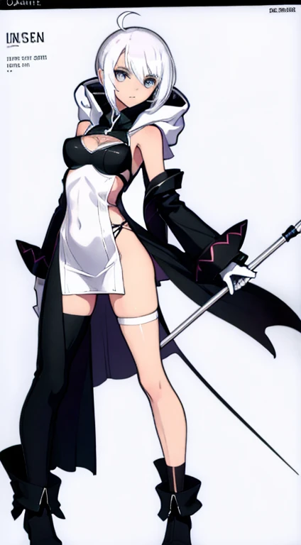 (((Best Quality))) , ((full body)), female, character design, solo, ( white background:1.3), holding staff, gloves, thigh high, side slit trench skirt, summer outfit, colorful outfit, bare arms, bareback, Bust Bodice, bare waist, standing, casual dress, bikini, coatless,