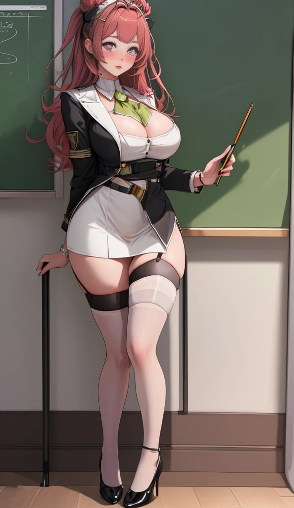 (masterpiece, best quality, high quality:1.4), professionalartwork, intricate details, Field of View, sharp focus, Detailed drawing, masterpiece, movie lighting, pixiv trends, (Vivid lighting, bright colors, author:Nagasawa rose gold:1.05 ), Hiroko Takashiro, (, :1.1), solo, (Curvy beauty:1.1), Stand in front of the blackboard, Pick up the chalk, Classroom, (Full body image:1.1), (red hair clothing:1.05), long white hair, lipsticks, cosmetic, ultra detailed fur, Super thin face, (purple eyes:1.05), perfect eyes, is a perfect face, ear nipple ring, (confuse, blush blush:1.2), shirt, jacket, (black stockings, a garter belt:1.1), Absolute opportunity , pencil skirts, Uniforms, High heel, (:1.1), , big deal, big deal腿,
