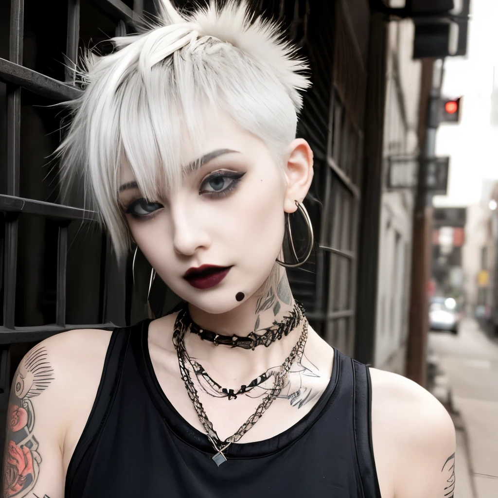 1girl, goth punk haircut, cropped tank top, facing viewer, nosering, flat bangs, tattoos, street, spiked hair, hoop earrings, chains, trashy woman, full body, piercings, pale skin, nose piercing