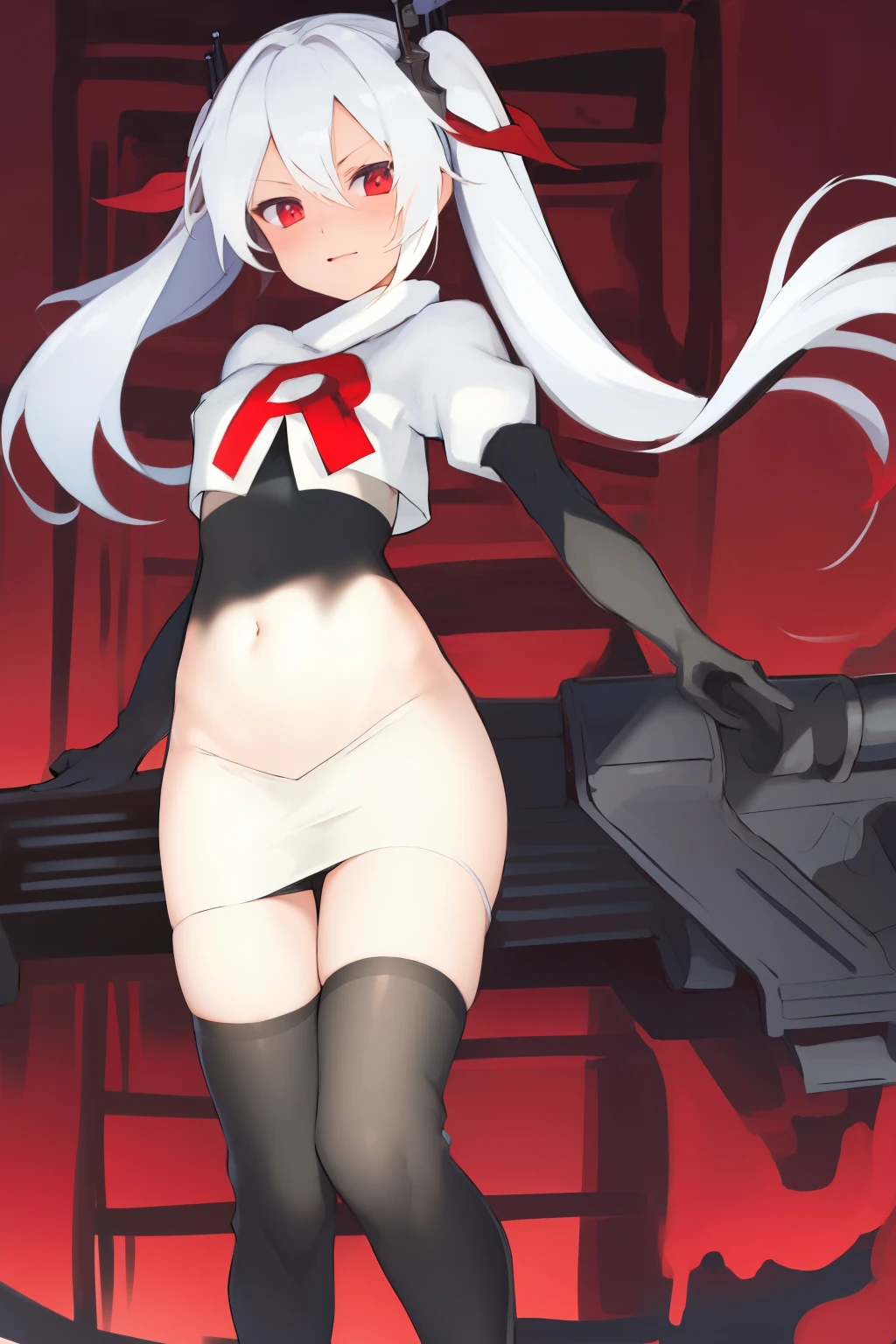 masterpiece:1.2,best quality:1.2, absurdres, highres, wallpaper, colorful, anime,
1girl, solo, vampire \(azur lane\), petite, white hair, long hair, red hair ribbons,twintails, red eyes, adapted turret, team rocket,team rocket uniform,white skirt,red letter R,crop top,black thigh-highs,black elbow gloves