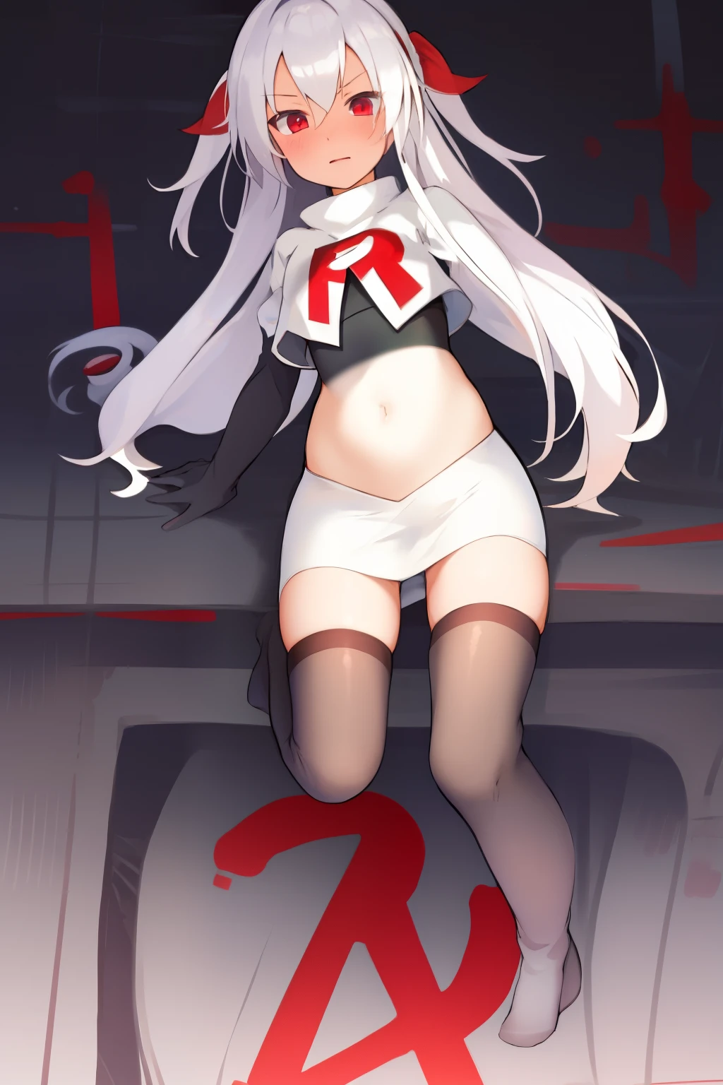 masterpiece:1.2,best quality:1.2, absurdres, highres, wallpaper, colorful, anime,
1girl, solo, vampire \(azur lane\), petite, white hair, long hair, red hair ribbons,twintails, red eyes, adapted turret, team rocket,team rocket uniform,white skirt,red letter R,crop top,black thigh-highs,black elbow gloves