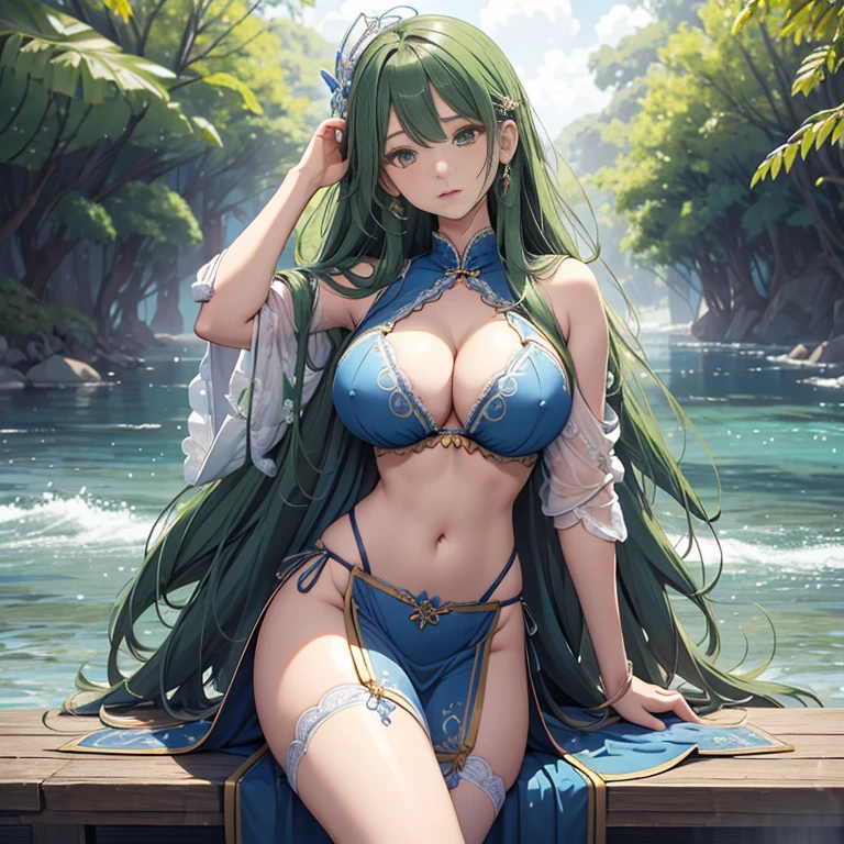 (Enrich the picture,Masterpiece level quality),Exquisite 8KCG artwork,Three goddess-like figures,sittinng on the river,Postural exercises,Slim and soft,Translucent skin,Green hair、The beauty of extra-long hair, Super Long Straight Hair,The skin is fair and juicy,Oversized big breasts blue bikini miniskirt uniform,Perspective Part 1.2x enhanced silhouette effect,Exquisite transparent blues pattern in pajamas,The details are intricate and exquisite,The background is slightly blurred,Charming and lustful leg seduction,Drool,Extra-large big breastlush,Koreainsta Goddess,Perfect body slim curves,Scene by the sea,Japan goddess fucked by huge dick nude