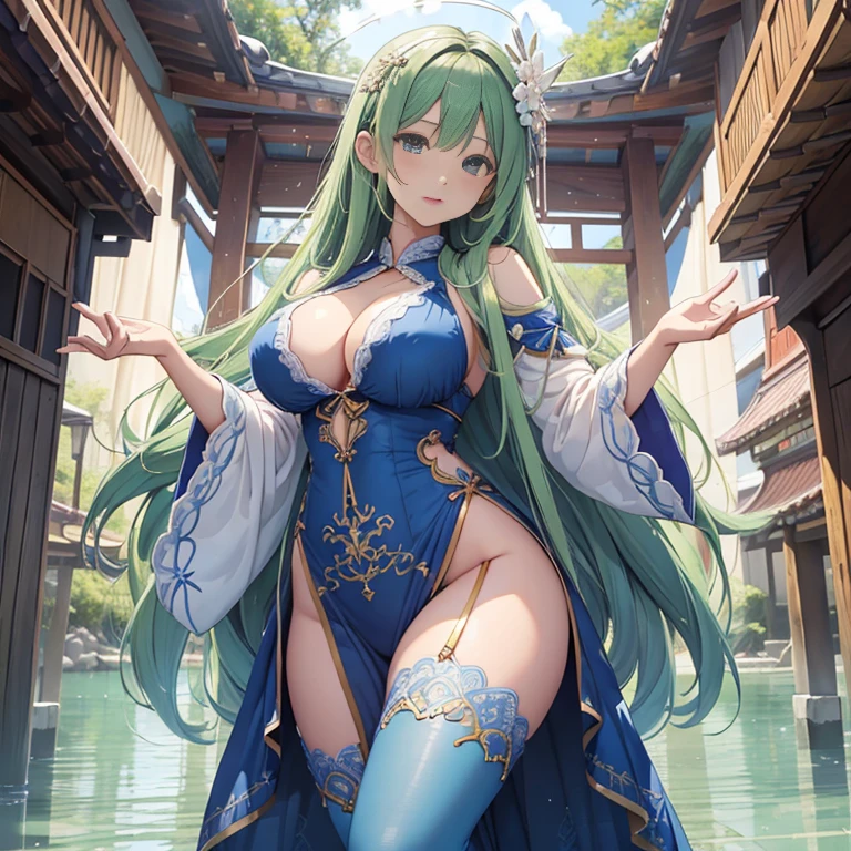 (Enrich the picture,Masterpiece level quality),Exquisite 8KCG artwork,Three goddess-like figures,sittinng on the river,Postural exercises,Slim and soft,Translucent skin,Green hair、The beauty of extra-long hair, Super Long Straight Hair,The skin is fair and juicy,Oversized big breasts blue bikini miniskirt uniform,Perspective Part 1.2x enhanced silhouette effect,Exquisite transparent blues pattern in pajamas,The details are intricate and exquisite,The background is slightly blurred,Charming and lustful leg seduction,Drool,Extra-large big breastlush,Koreainsta Goddess,Perfect body slim curves,Scene by the sea,Japan goddess fucked by huge dick nude
