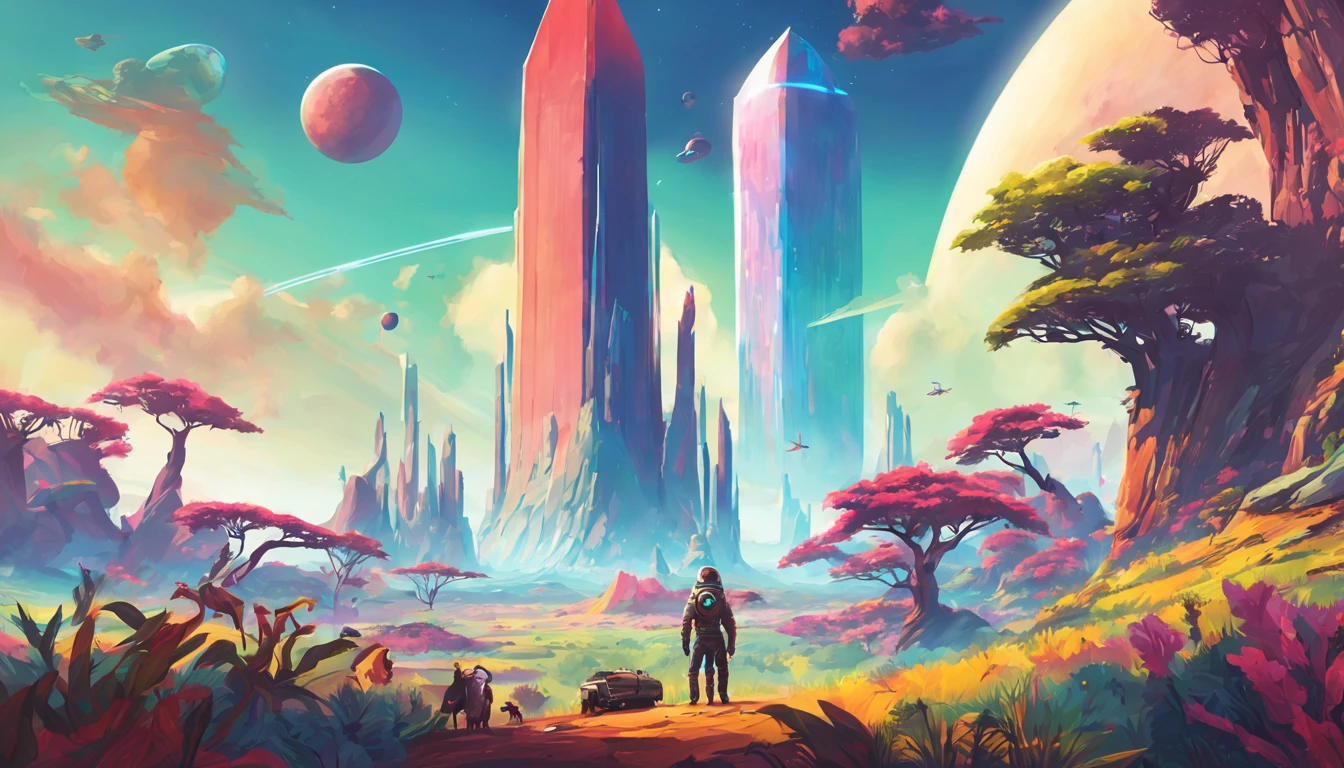 no mans sky wallpaper, planet landscape, beautiful light, spacecraft in the air, alien monolith, plants and animals