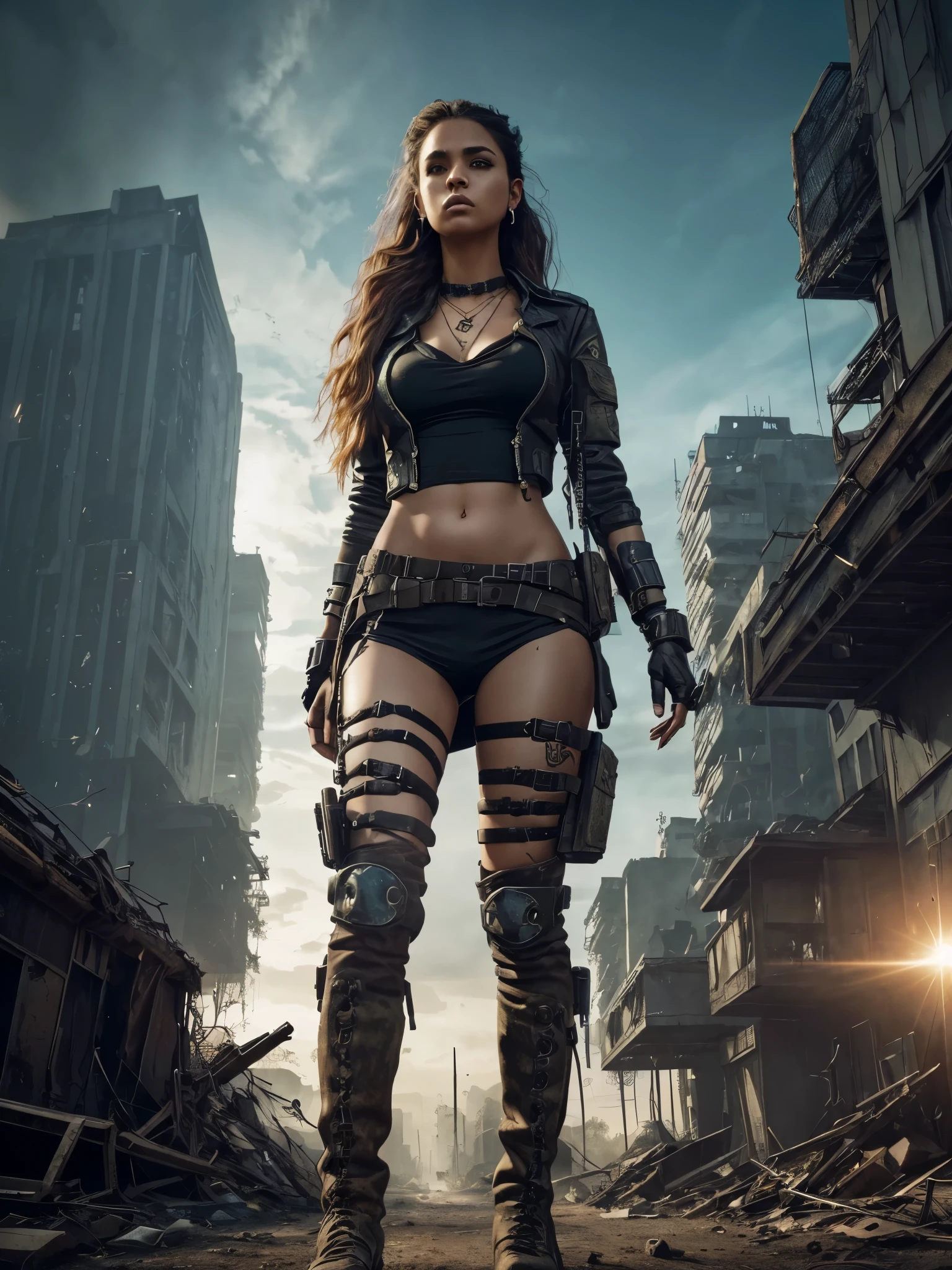 (Post Apocalypse Wanderer), (Female), (Fantasy Apocalyptic Setting), | (Wandering through overgrown City), | (FULL BODY Generation!!!), | (Insane clothing details), (Apocalyptic Outfit), (aesthetic style), (Clothing show skin), (Necklace), (Pistol on hip), (Military boots), (Earrings), | (Long beautiful hair), (Interesting hair style), (Beautiful Face), (shiny Eyes), (Light skin), (exhausted face expression), | (Kinetic body parts), (body in motion), (Proportionate body), (Human Body), (aesthetic body), | (Complex Background), (High Resolution Image), (Cinematic), (stunning visual masterpiece!), (professional composition), (Best Quality),