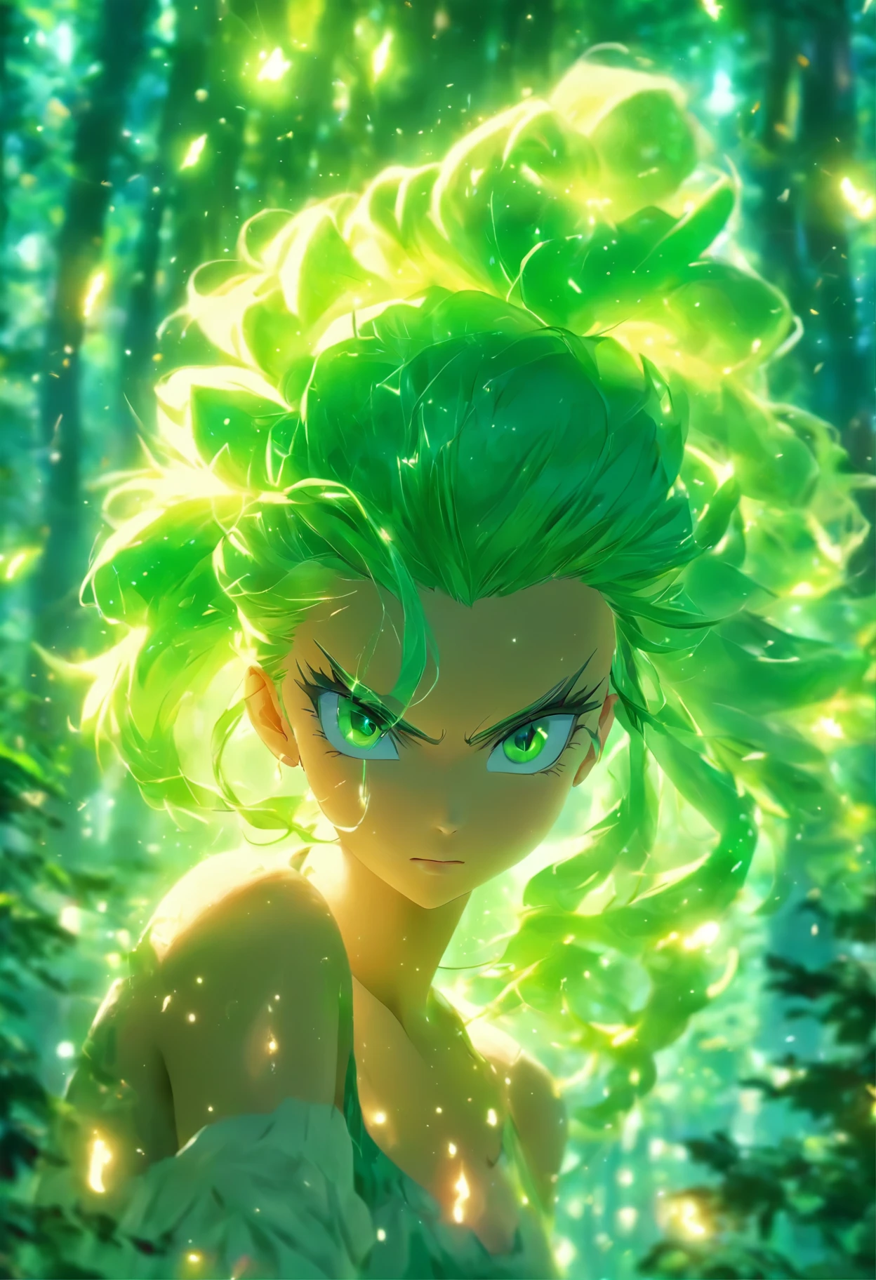 (best quality,4k,8k,highres,masterpiece:1.2),ultra-detailed,(realistic,photorealistic,photo-realistic:1.37), female with glowing emeraude eyes, green windy hair tied in a ponytail, casting glowing white spells, mystical forest, illustration, enchanted atmosphere, vibrant colors, soft lighting