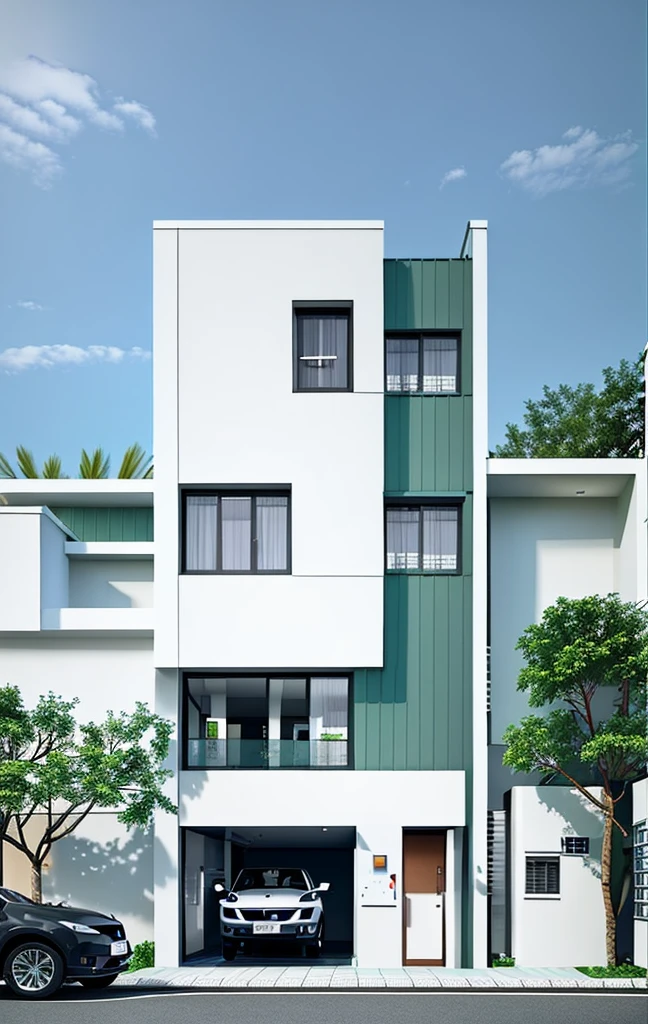 a rendering of a modern apartment building with a car parked in front, precise architectural rendering, architectural render, high quality rendering, architectural 3 d render, architectural rendering, professional render, overall architectural design, wide angle exterior 2022, all white render, freddy mamani silvestre facade, inter dimensional villa, exterior design, detailed rendering, architecture render, quality rendering