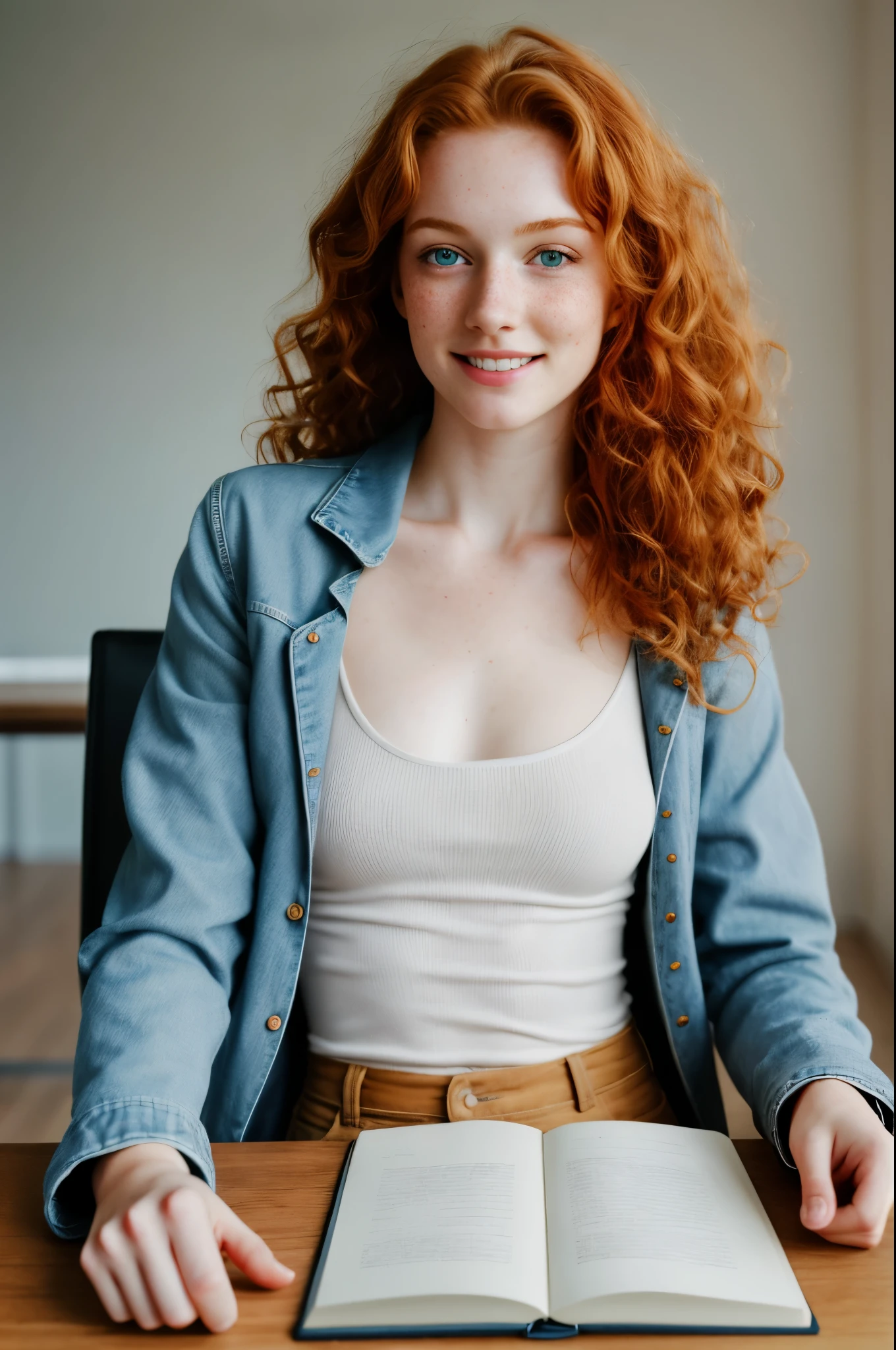 1girl in, 19, Solo, Aesthetic artwork, irish redhead, curly ginger hair, shoulder length ginger hair, gray eyes, light grey eyes, some small freckles, pale skin, A-cup, small breasts, runners body, detailed skin texture, cute smile, sitting at a table, glass of tea on table, open note book on table, (extremely detailed 8k wallpaper), soft lighting, high quality, film grain, Fujifilm XT3 sharp focus, f 5.6, 50mm, High Detail, Sharp focus,(natural light), light blue jacket, khaki jacket, faded blue jeans, holes and blue jeans, crazy details, complex details, hyper detailed