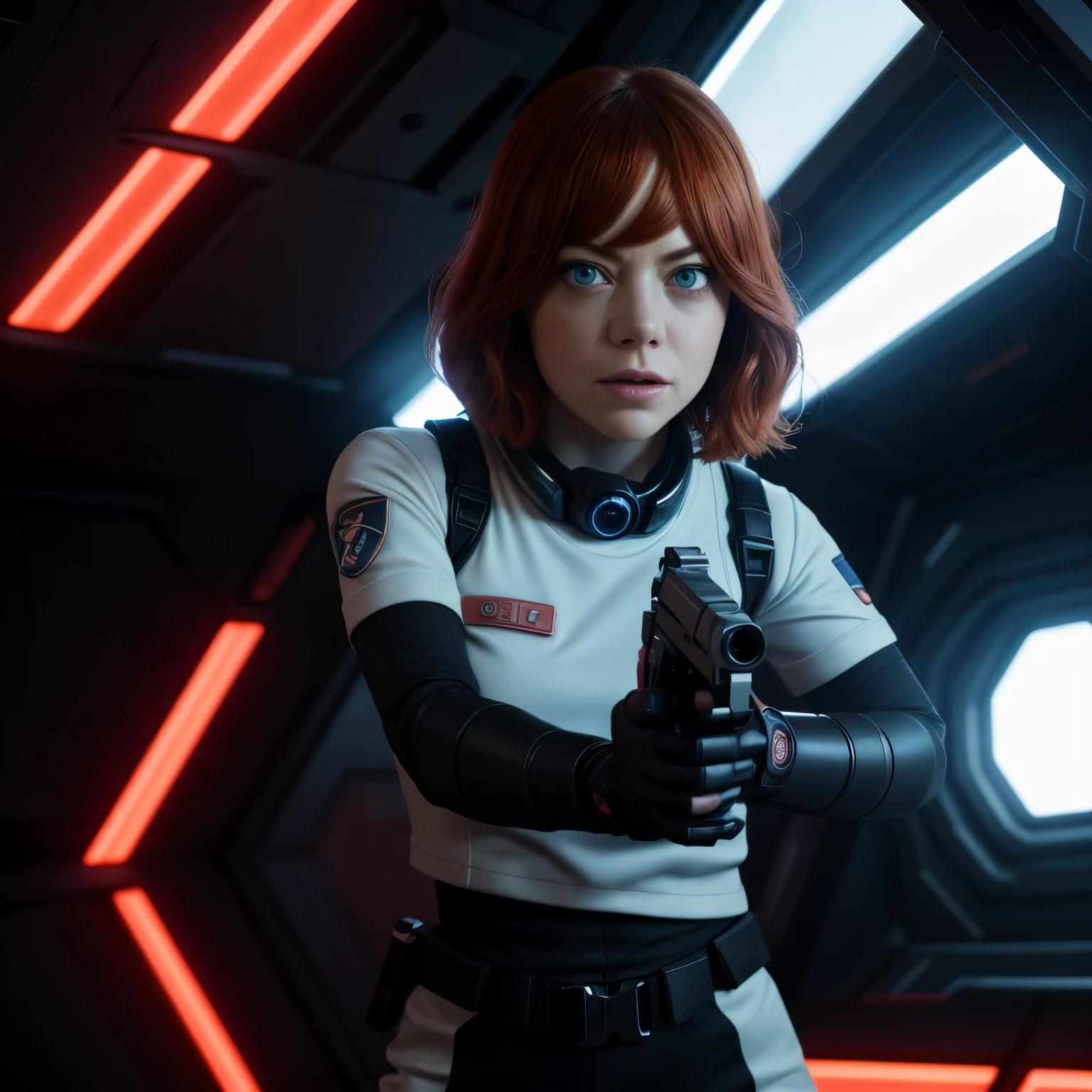 Hot terrified Sci fi Emma Stone holding a sci fi pistol on Ishimura Horror Space Ship photography, natural light, photorealism, cinematic rendering, ray tracing, the highest quality, the highest detail, Cinematic, Third-Person View, Blur Effect, Long Exposure, 8K, Ultra-HD, Natural Lighting, Moody Lighting, Cinematic Lighting