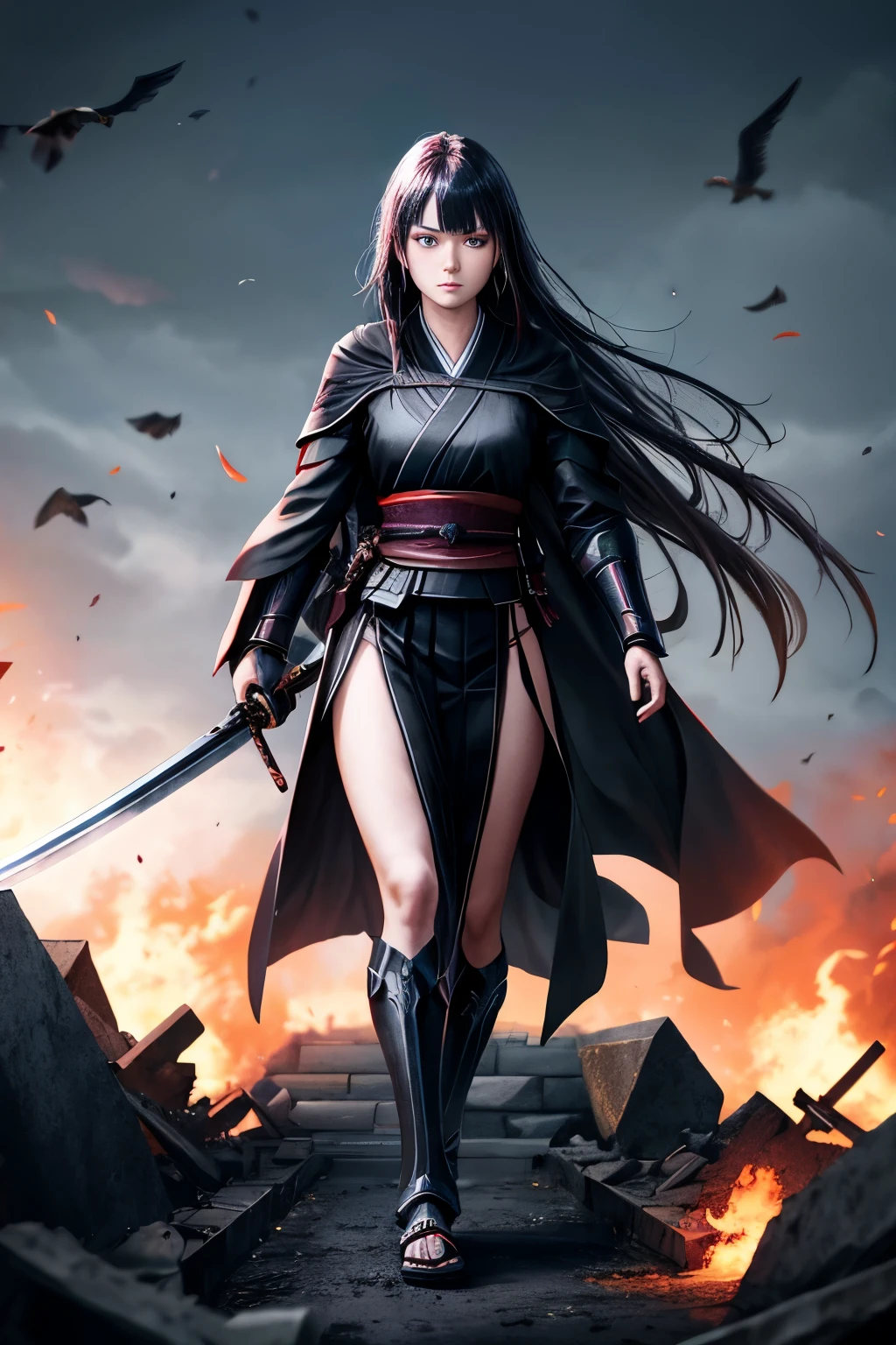 highest quality、cinematic lighting、Woman warrior、Black robe、Black attire、Black wings、Long sword、Long Japan sword、Flame background、Rubble battlefield、