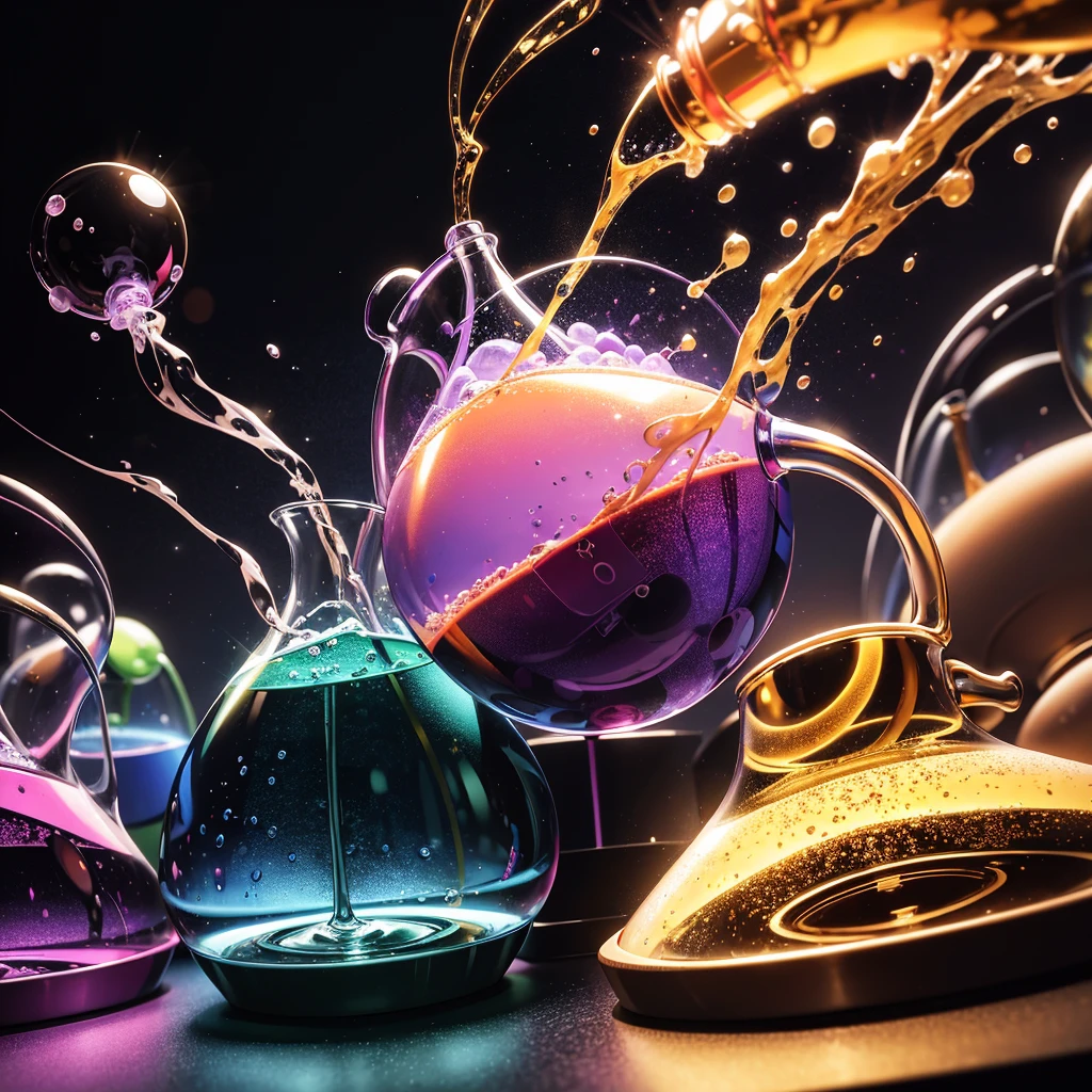 laboratory,front view,purple, blue,green,red,orange,pink,yellow, bubbling smoking round boiling glas flask,absurdres,high res,ultrasharp,8K,Masterpiece