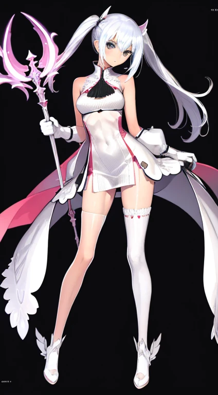 (((Best Quality))) , ((full body)), female, character design, solo, ( white background:1.3), holding staff, gloves, thigh high, side slit trench skirt, summer outfit, colorful outfit, bare arms, bareback, Bust Bodice, bare waist, standing, casual dress, bikini, theif,