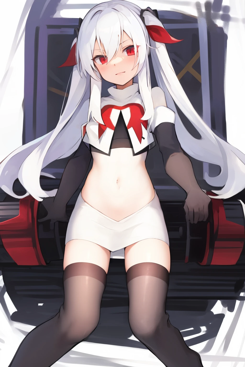 masterpiece:1.2,best quality:1.2, absurdres, highres, wallpaper, colorful, anime,
1girl, solo, vampire \(azur lane\), petite, white hair, long hair, red hair ribbons,twintails, red eyes, adapted turret, team rocket,team rocket uniform,white skirt,red letter R,crop top,black thigh-highs,black elbow gloves