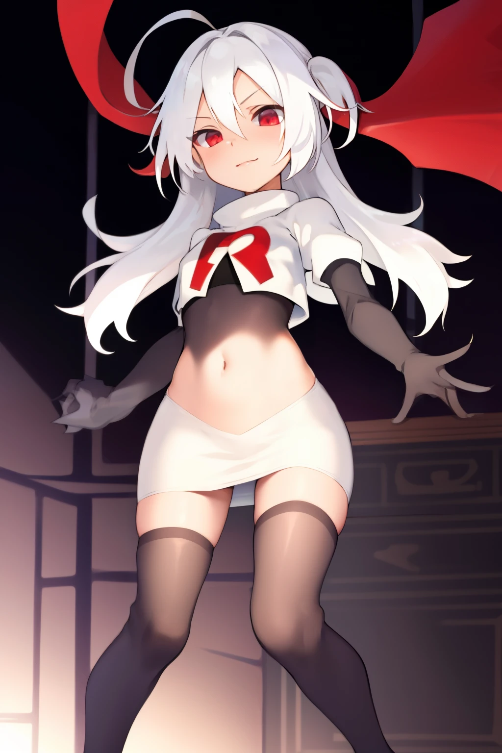 masterpiece:1.2,best quality:1.2, absurdres, highres, wallpaper, colorful, anime,
1girl, solo, vampire \(azur lane\), petite, white hair, long hair, red hair ribbons,twintails, red eyes, adapted turret, team rocket,team rocket uniform,white skirt,red letter R,crop top,black thigh-highs,black elbow gloves