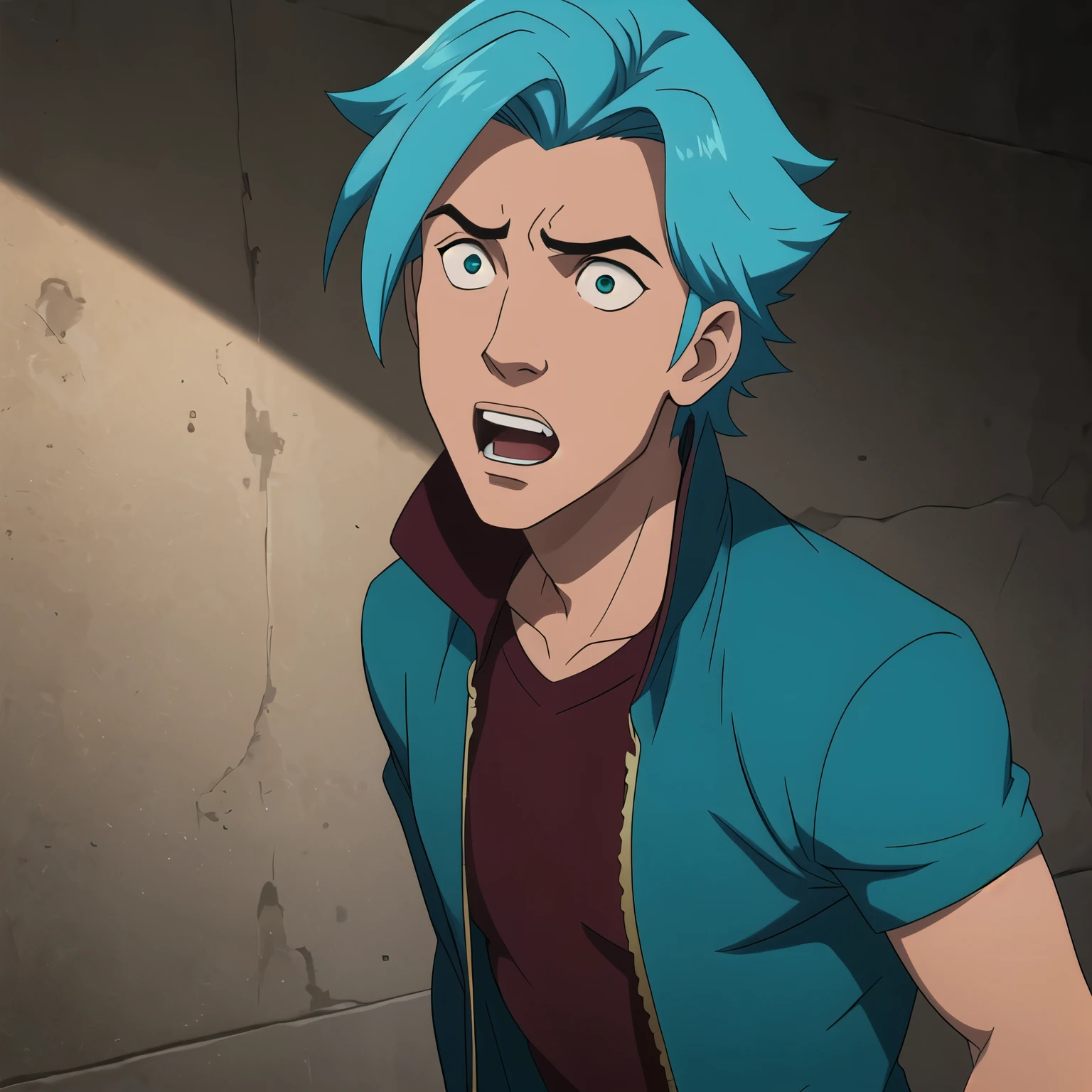 Parzival male, aqua color hair, exaggerated scared expression, one person headshot 