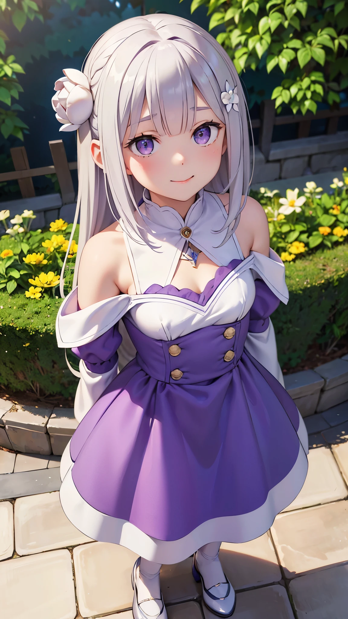 masterpiece, amazing, 8k, detailed, 1girl, ((from above)), white tights, (looking up), ((long sleeves)), ((white sleeves)),  (off shoulder), ((purple dress)), hair flower, gray hair, Emilia, (one closed eye), ((cute face)), detailed background, garden, (Overhead view), dynamic angle, close-up, ((whole-length)), (white shoes), (standing), smiling, ((hands behind back)), (head tilted to the side), ((tousled hair))