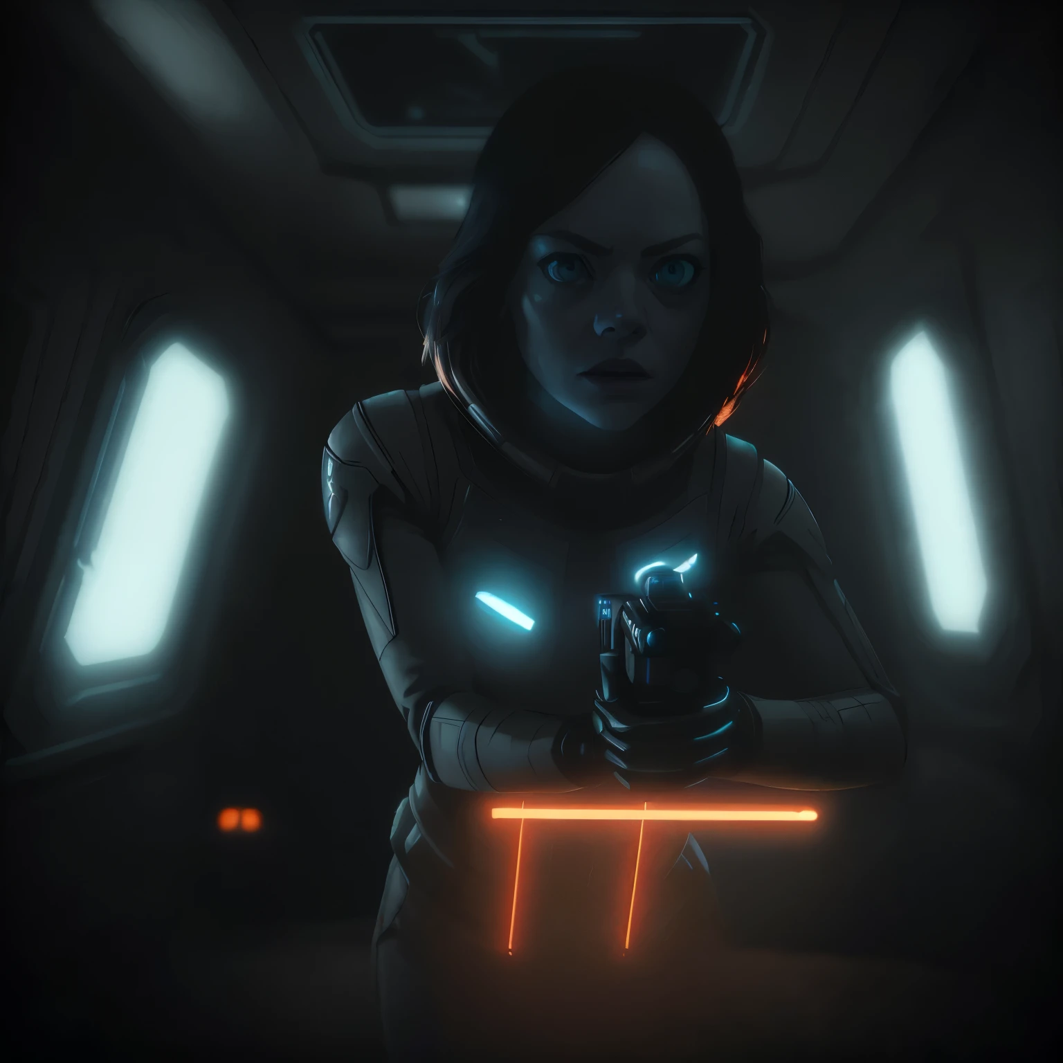 Hot terrified Sci fi Emma Stone holding a sci fi pistol on Ishimura Horror Space Ship photography, natural light, photorealism, cinematic rendering, ray tracing, the highest quality, the highest detail, Cinematic, Third-Person View, Blur Effect, Long Exposure, 8K, Ultra-HD, Natural Lighting, Moody Lighting, Cinematic Lighting