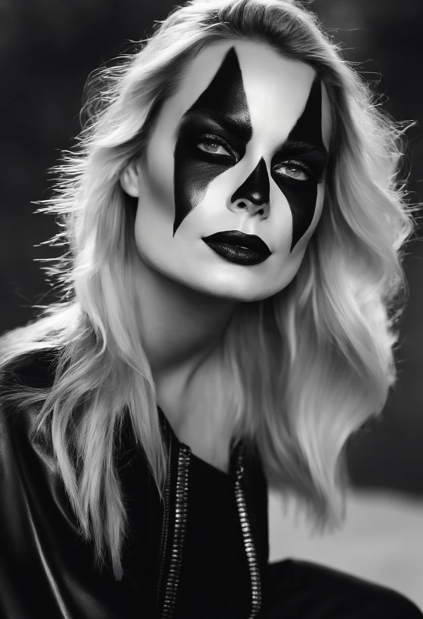 Margot Robbie with white face paint with black face paint on one eye in black and white leather jumpsuit