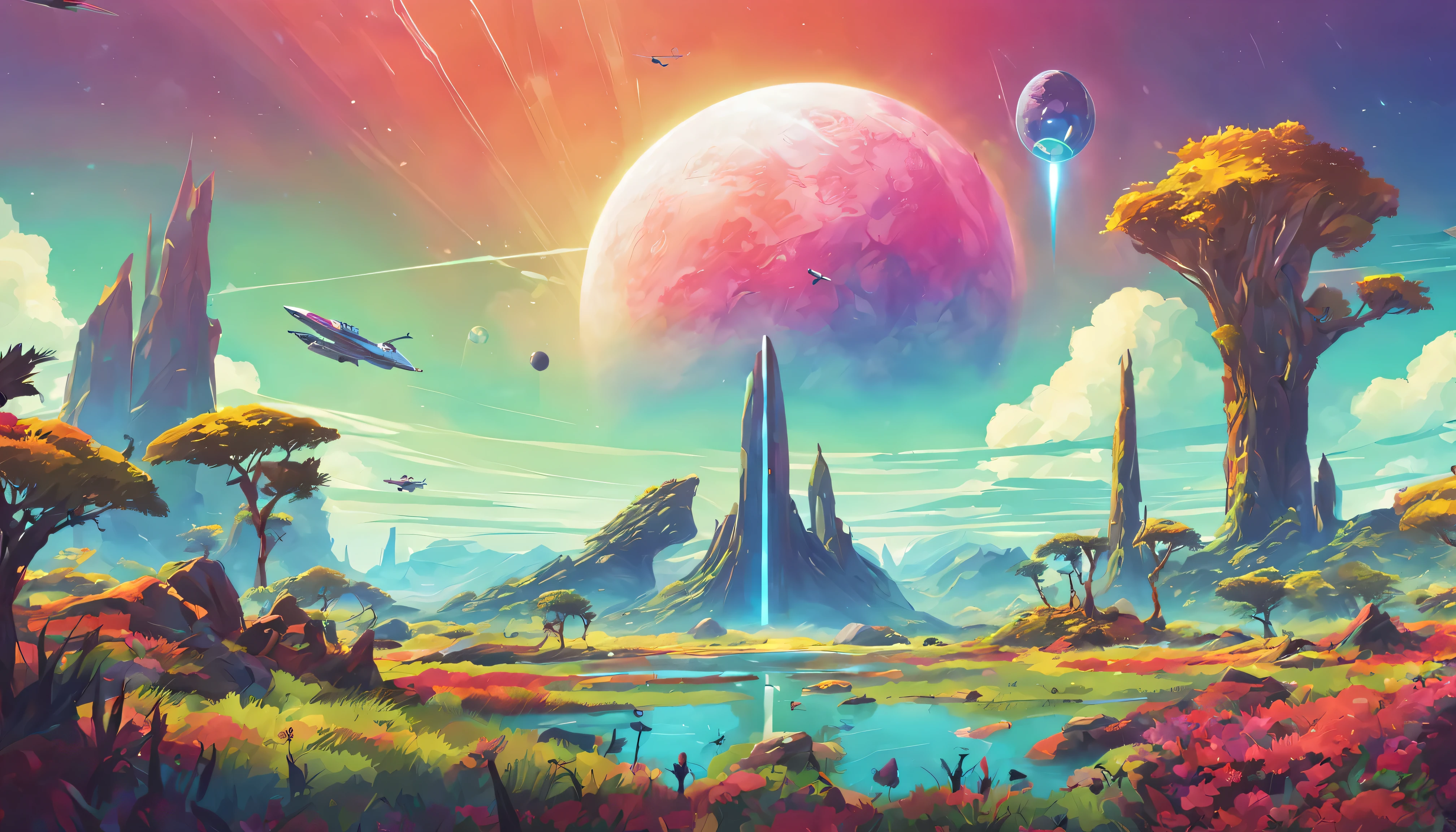 Niemandshimmel-Hintergrundbild, Planetenlandschaft, beautiful light, Raumschiff in der Luft, alien monolith, Pflanzen und Tiere